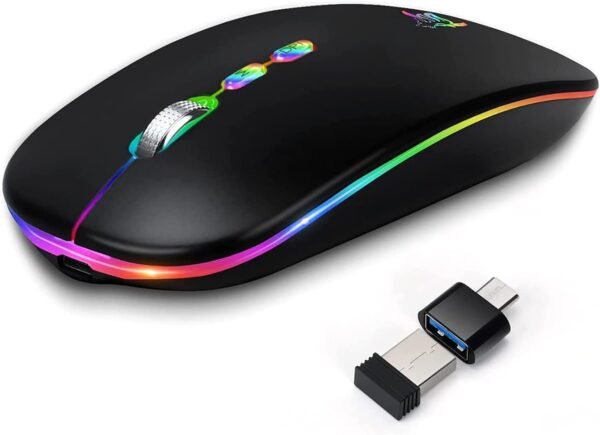 HOTLIFE Mouse Sem Fio Led, Mouse Bluetooth Silencioso Recarregável Fino, Mouse De Computador Portátil USB Óptico 2.4G Sem Fio Bluetooth De Dois Modos Com Receptor USB E Adaptador Tipo C Preto