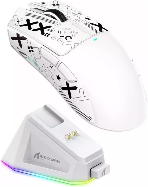 Mouse Gamer X11 Attack Shark Tri Mode com base de carregamento magnético, sensor de jogos PixArt PAW3311, mouse para jogos sem fio/com fio BT/2,4G, 22000 DPI, mouse gamer de escritório para (Branco)