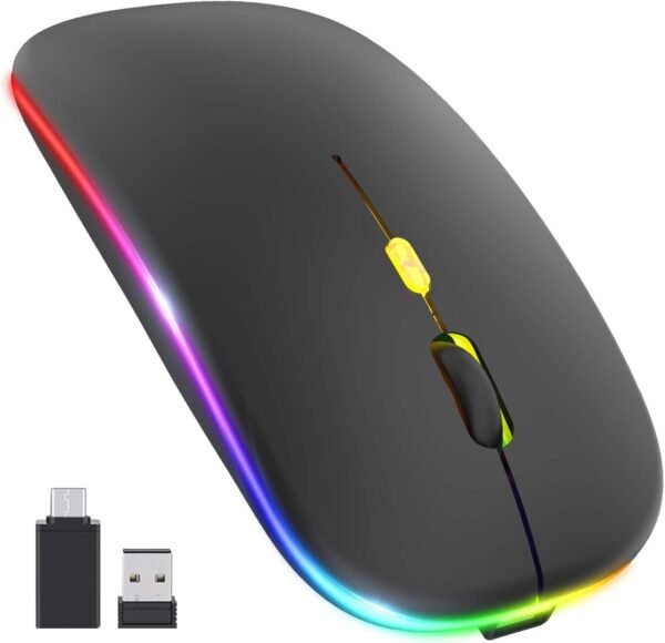 【Atualização】 Mouse sem fio LED, mouse silencioso fino 2,4 G portátil óptico para escritório com USB e receptor tipo C, 3 níveis de DPI exibidos para notebook, PC, laptop, computador,