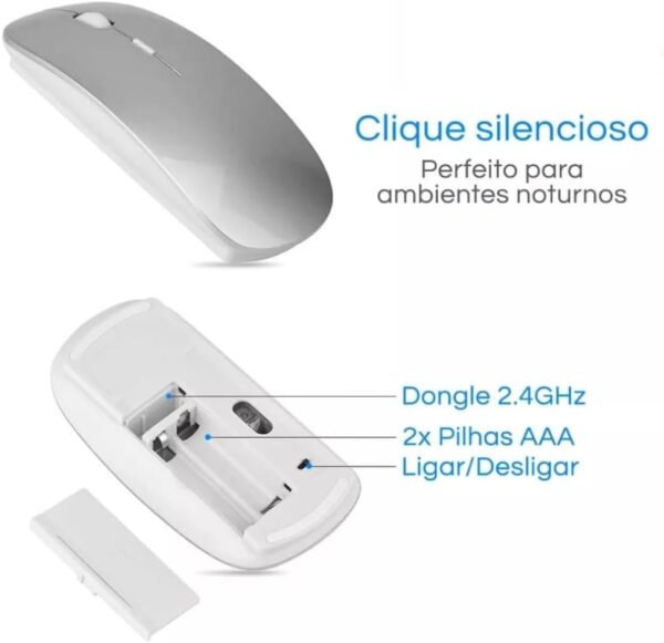 Kit Teclado e Mouse Sem Fio 2,4 GHz ABNT2 Ç Branco e Prata - Design Compacto, Clique Silencioso, Ambidestro, Alcance de 10m e Leve para Computador E Notebook Trabalo Estudo - Nano receptor USB USB - Image 4