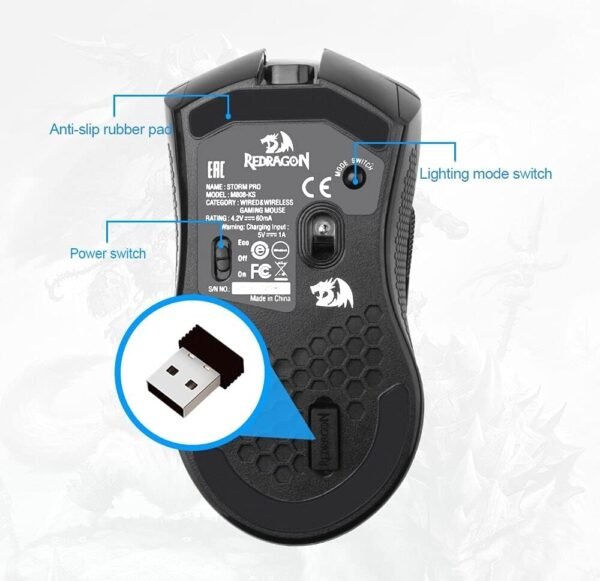 Mouse Gamer Redragon Storm Pro RGB 16000 DPI Pixart Paw 3335 Wireless Preto - M808 -KS - Image 7