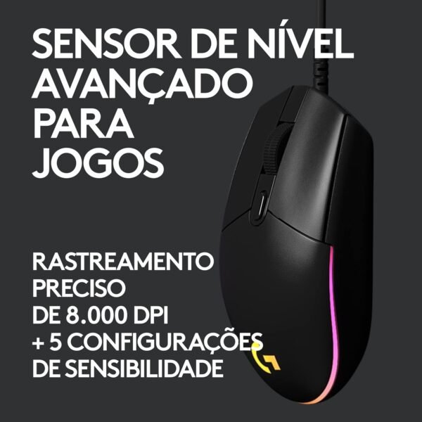 Mouse Gamer Logitech G203 LIGHTSYNC RGB, Efeito de Ondas de Cores, 6 Botões Programáveis ​​e Até 8.000 DPI - Preto - Image 3