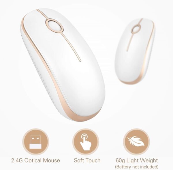 VssoPlor Mouse sem fio, mouse portátil fino de 2,4 G com receptor nano para notebook, PC, laptop, computador (branco e dourado) - Image 4