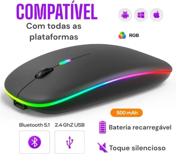 Mouse sem fio rgb jogador recarregável bluetooth ptico liderado colorido ergonônico USB 2.4 GHZ Alta precisão AJuste dpi - Image 3
