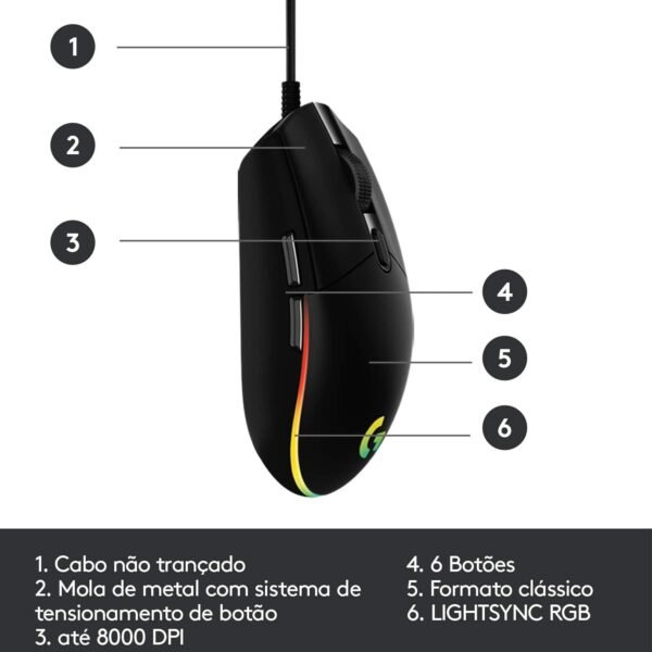 Mouse Gamer Logitech G203 LIGHTSYNC RGB, Efeito de Ondas de Cores, 6 Botões Programáveis ​​e Até 8.000 DPI - Preto - Image 6