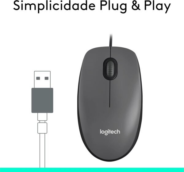 Mouse com fio USB Logitech M100 com Design Ambidestro e Facilidade Plug and Play - Cinza - Image 3