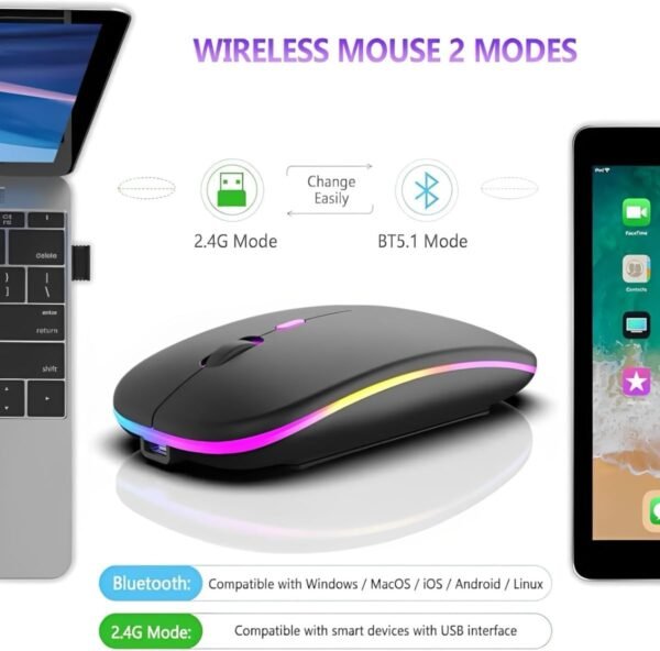 Mouse sem fio rgb jogador recarregável bluetooth ptico liderado colorido ergonônico USB 2.4 GHZ Alta precisão AJuste dpi - Image 5