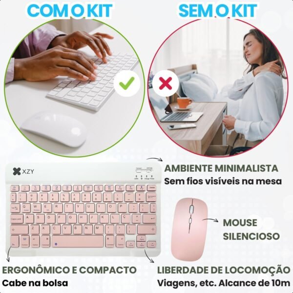 Kit Teclado e Mouse Sem Fio Bluetooth Colorido Compative Com Tablet Computador iPad (ROSA) - Image 3