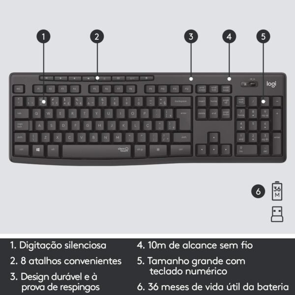 Combo Teclado e Mouse sem fio Logitech MK295 com Digitação e Clique Silencioso, Teclas de Mídia de Fácil Acesso, Conexão USB, Pilhas Inclusas e Layout ABNT2 - Image 7