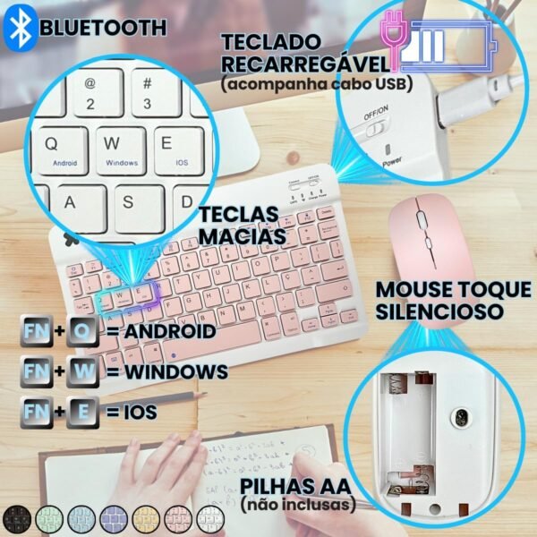 Kit Teclado e Mouse Sem Fio Bluetooth Colorido Compative Com Tablet Computador iPad (ROSA) - Image 4