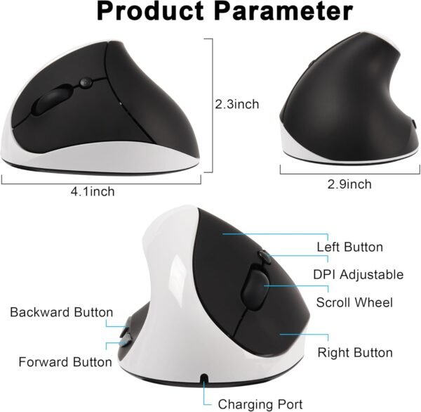Mouse vertical sem fio para cahotos mouse ergonômico 2,4 ghz ptico mouse de computador com receptor USB e 3 dpi ajustáveis ​​mouse sem fio portátil recarregál para laptop, mesa, notebook, pc, pc, - Image 7