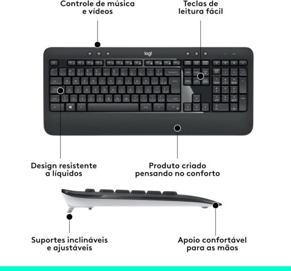 Combo Teclado e Mouse sem fio Logitech MK540 com Teclado com Apoio para as Mãos, Teclas de Mídia de Fácil Acesso, Mouse Ambidestro, Conexão USB, Pilhas Inclusas e Layout ABNT2 - Image 7
