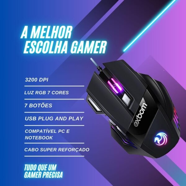 Gamer de mouse 7d 3200 dpi Ajustável 7 botões luzes liderou rgb alta precisão e velocidade, jogos, trabalho, estudos, pabo reforado super rápido ergonômico antideslizante clique duplO premium premium premium premium - Image 2
