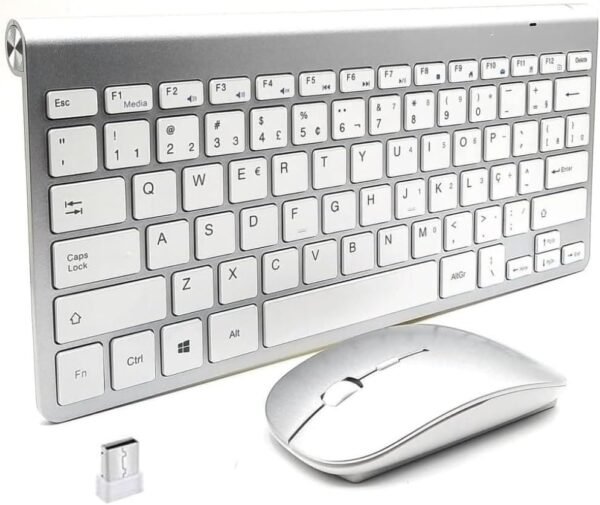 Kit Teclado e Mouse Sem Fio 2,4 GHz ABNT2 Ç Branco e Prata - Design Compacto, Clique Silencioso, Ambidestro, Alcance de 10m e Leve para Computador E Notebook Trabalo Estudo - Nano receptor USB USB