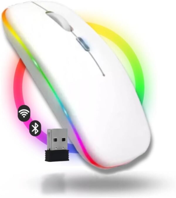 Mouse sem fio bluetooth e USB sem fio rgb ergonômico silencoso recarregável bateria longa duraça ã 3 níveis de dpi suportta pc, smartphones console e smartphones Android/iPhone diversas núcleos Branco