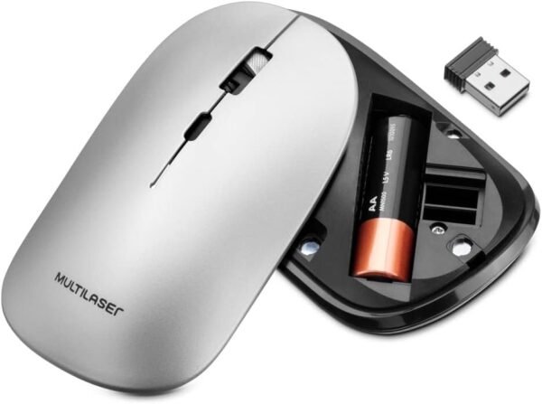 Mouse sem fio slim conexão bluetooth e USB 1600DPI AJustável 4 botões clique silencioso luz do leitor invisvel com pilha inclusa cinza - mo332