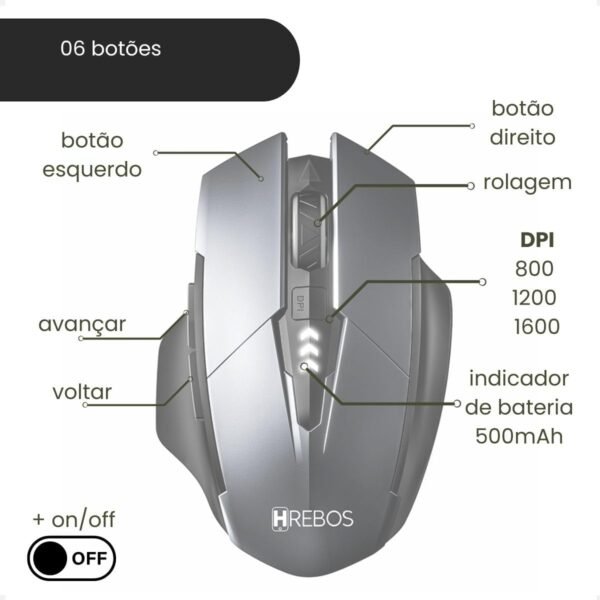 Mouse Gamer USB Bluetooth Sem Fio sem fio Recarregavel com 6 botões 1600 dpi Bateria 500mAh - Image 3
