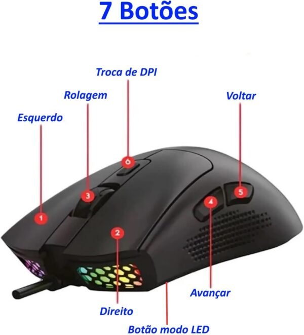 Gamer de mouse 7 botões 7200 dpi ergonomico USB LED RGB anúbis KP-MU021 - Image 3
