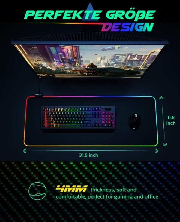 Mouse pad para jogos rgb, utechsmart mouse pad grarte Estendido macio com 14 modos de iluminação, 2 níveis de brilho, mousepads para teclado de computador 800 x 300 mm / 31,5 × 11,8 polegadas. - Image 5