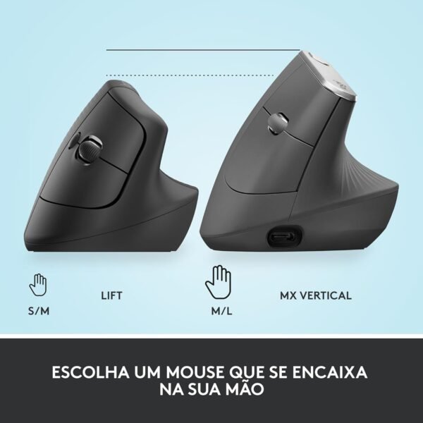Mouse Sem Fio Logitech elevador vertical com design ergonômico para redução de tensão muscular, panelinhas silencianos, conexão bluetooth ou parafuso de logi usb, compatível com windows/macos/ipados - grafite - Image 9