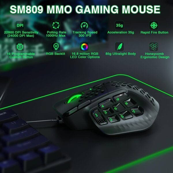 Corbobo Mouse para jogos solakaka sm809 mmo rgb com 9 botões mais laterais, sensor ptico ergonômico de 22800 dpi de alta precisão, 16 atalhos macro programasiveis personalizados, remaperação de mouse para mouse - Image 2
