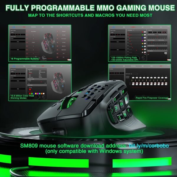 Corbobo Mouse para jogos solakaka sm809 mmo rgb com 9 botões mais laterais, sensor ptico ergonômico de 22800 dpi de alta precisão, 16 atalhos macro programasiveis personalizados, remaperação de mouse para mouse - Image 6