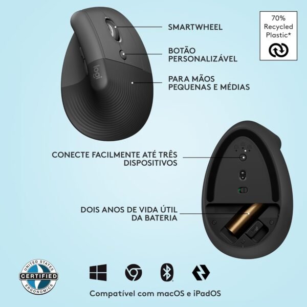 Mouse Sem Fio Logitech elevador vertical com design ergonômico para redução de tensão muscular, panelinhas silencianos, conexão bluetooth ou parafuso de logi usb, compatível com windows/macos/ipados - grafite - Image 6