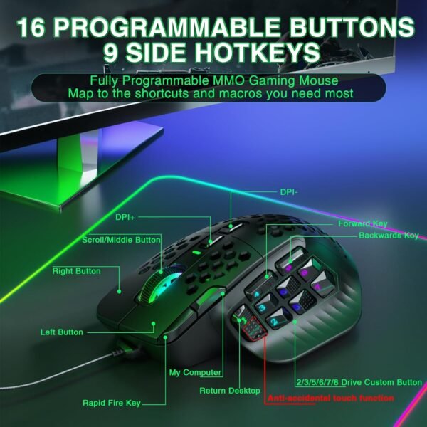 Corbobo Mouse para jogos solakaka sm809 mmo rgb com 9 botões mais laterais, sensor ptico ergonômico de 22800 dpi de alta precisão, 16 atalhos macro programasiveis personalizados, remaperação de mouse para mouse - Image 4