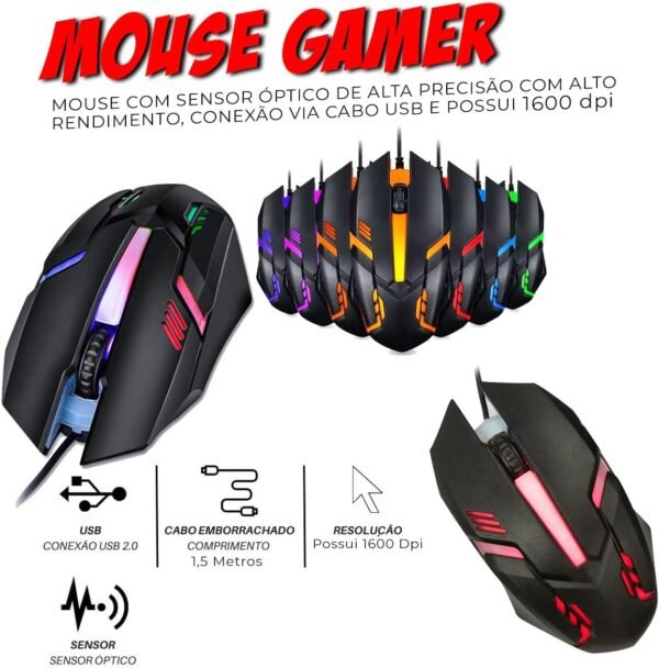 Kit Mobilador Gamer Teclado Preto Abnt2 + Mouse Gamer LED + velocidade da almofada + hub USB 4 Portas (Tipo C) - Image 3
