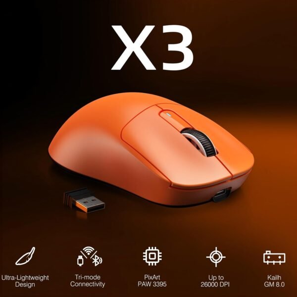 Ataques de tubarão x3 jogador de mouse sem fio ultraligeiro com conexão tri-modo (2.4g/usb-c/bluetooth), 26k dpi, sensor ptico paw3395, kailh gm8.0 switch, 5 botões programáveis ​​para pc/win/mac-laranja - Image 2
