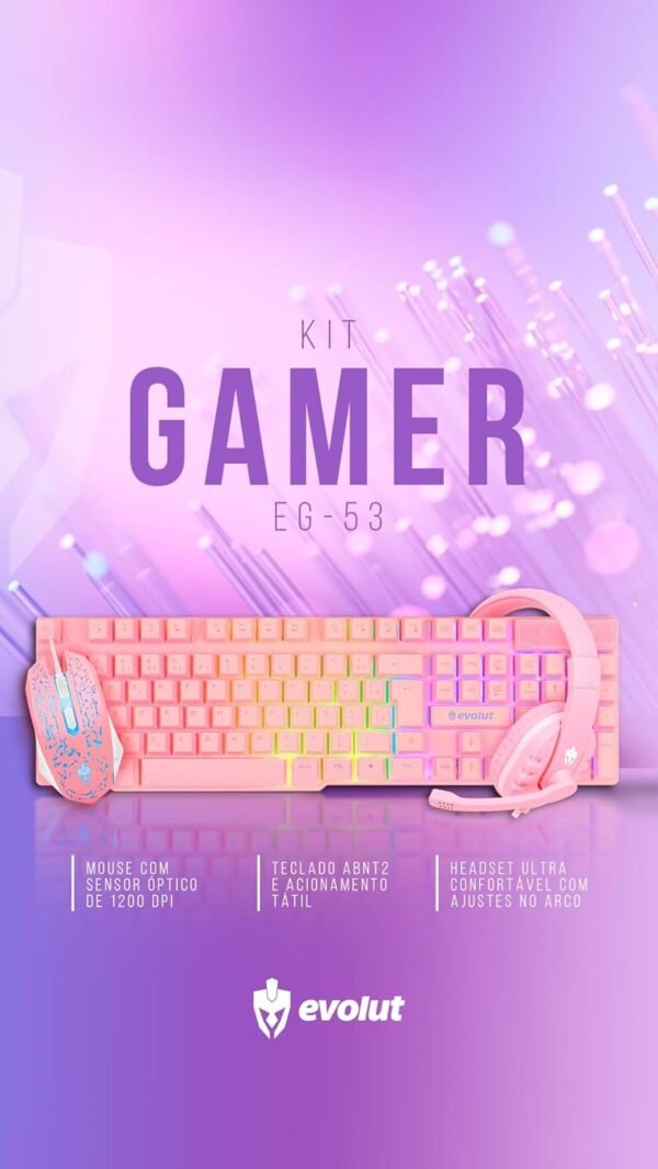 Combo jogador Rosa (Teclado+Mouse+Fone) EG53 - Evolut - Image 10