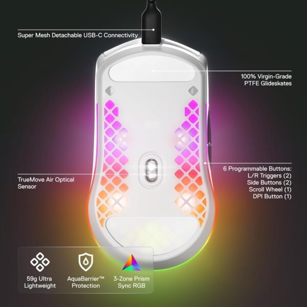 Steelseies Aerox 3 - Mouse para jogos holey rgb - design ultraleve resistente à Água - sensor ptico truemove core de 8.500 dpi - neve - Image 4