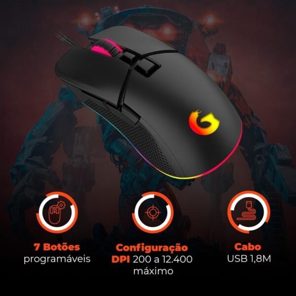 Geonav Mouse Gamer Ghost Light Good Game, 7 Botões, Sensor ptico Pixar 3327, Com Dpi de Até 12.400, LED RGB 11 Efeitos Programáveis, G3MS02BK, Preto - Image 2
