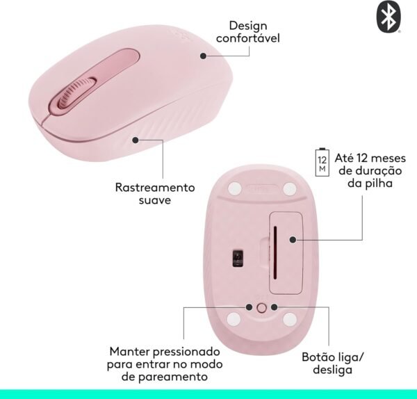 Mouse sem fio logitech m196 com conexão bluetooth, design ambidestro compacto, rastreacento preciso, compatível com pc e mac, windows e macos - rosa - Image 7
