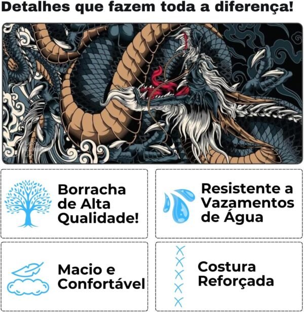 MousePad Gamer Extra Grande 90x40 Velocidade Profissional Antiderrapante Base Emborracha Confortável Macio Borda Costurada Premium - Dragão Azul - Image 7