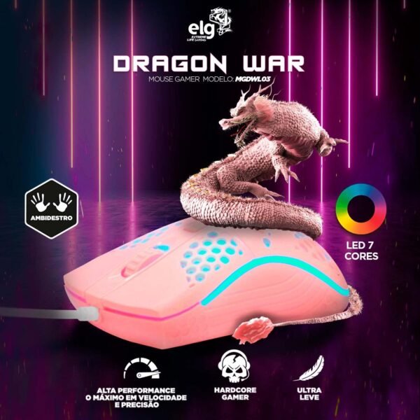 ELG MGDWL3 - MOUSE Gamer Dragon War Light 2400dpi 7 núcleos 70g Ultraleve Rosa - Image 6