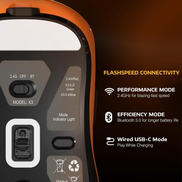 Ataques de tubarão x3 jogador de mouse sem fio ultraligeiro com conexão tri-modo (2.4g/usb-c/bluetooth), 26k dpi, sensor ptico paw3395, kailh gm8.0 switch, 5 botões programáveis ​​para pc/win/mac-laranja - Image 4
