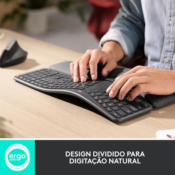 Teclado sem fio logitech ergo k860 com layout de teclado dividido, suporte para despanso de pulso, tecido resistente a manchas, conexão bluetooth e usb - compatível com windows e mac. - Image 3