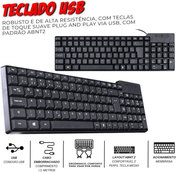 Kit Mobilador Gamer Teclado Preto Abnt2 + Mouse Gamer LED + velocidade da almofada + hub USB 4 Portas (Tipo C) - Image 2