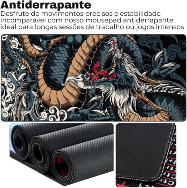 MousePad Gamer Extra Grande 90x40 Velocidade Profissional Antiderrapante Base Emborracha Confortável Macio Borda Costurada Premium - Dragão Azul - Image 4