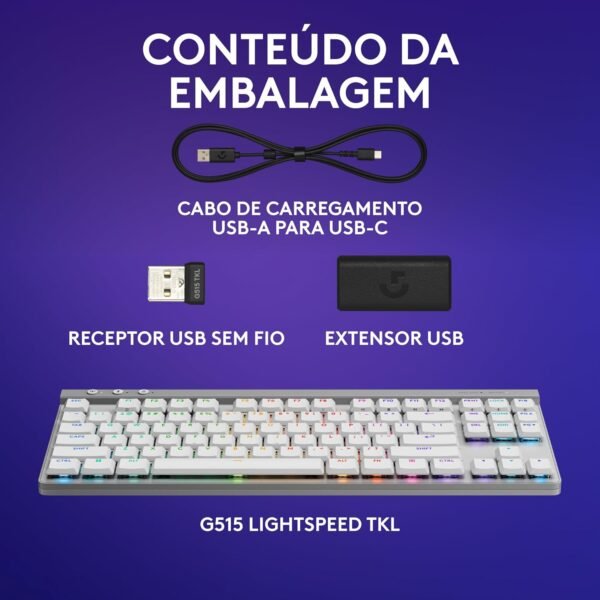 Teclado mecânico jogador sem fio logitech g515 com design tkl, tecnologia levespeed, rgb lightSync, conexão usb ou bluetooth, interruptor gl marrom tátil e bateria recarregá - branco - Image 8