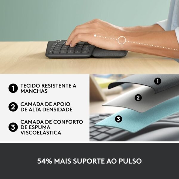 Teclado sem fio logitech ergo k860 com layout de teclado dividido, suporte para despanso de pulso, tecido resistente a manchas, conexão bluetooth e usb - compatível com windows e mac. - Image 4