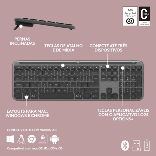Teclado Sem Fio Logitech Signature Slim K950 COMMANTEIRO EAST -SWITCH Para ate 3 Dispositivos, Digitaça Silenciosa, Conexão Bluetooth OU Receptor USB Logi Incluso E Layout Us Intl - Grafite - Image 9