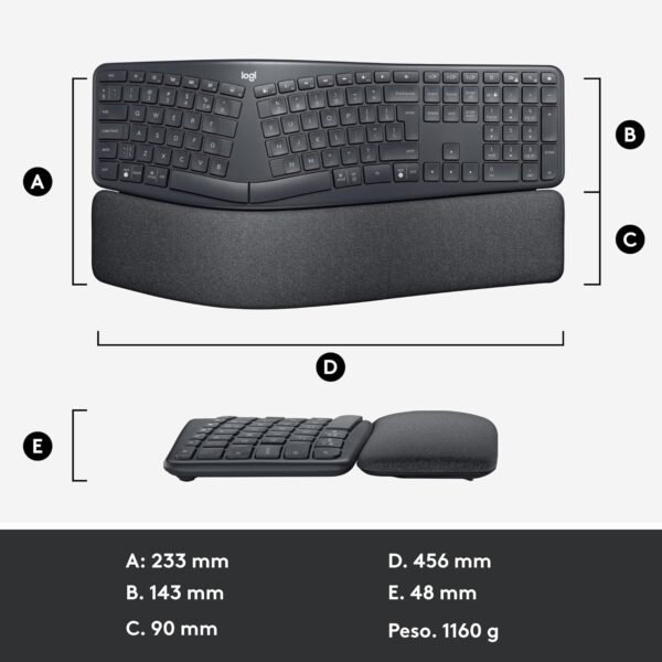 Teclado sem fio logitech ergo k860 com layout de teclado dividido, suporte para despanso de pulso, tecido resistente a manchas, conexão bluetooth e usb - compatível com windows e mac. - Image 13