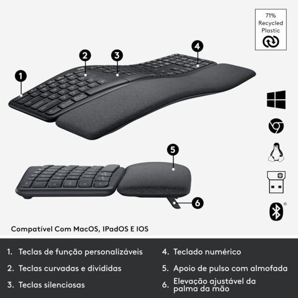 Teclado sem fio logitech ergo k860 com layout de teclado dividido, suporte para despanso de pulso, tecido resistente a manchas, conexão bluetooth e usb - compatível com windows e mac. - Image 6