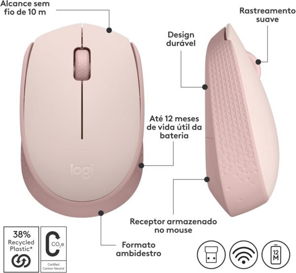 Mouse SEM Fio Logitech M170 COM Design AmbideStro Compacto, Conexão USB E Pilha Incusa - Rosa - Image 7