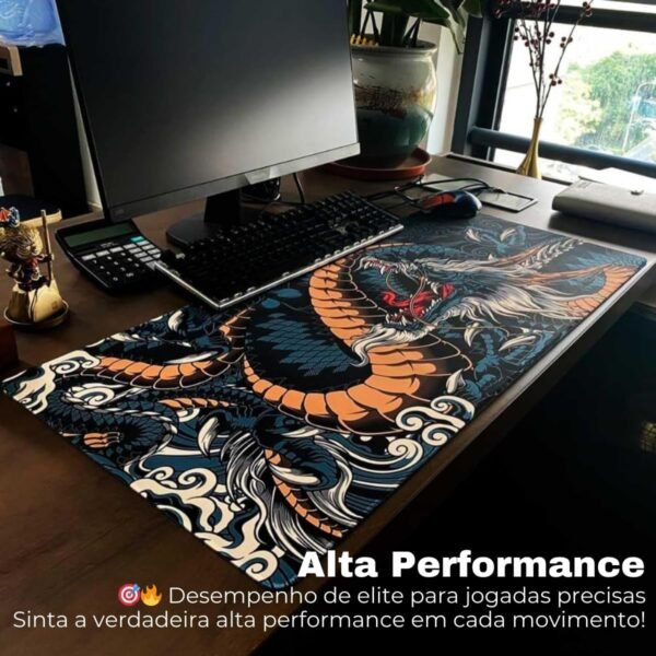MousePad Gamer Extra Grande 90x40 Velocidade Profissional Antiderrapante Base Emborracha Confortável Macio Borda Costurada Premium - Dragão Azul - Image 5