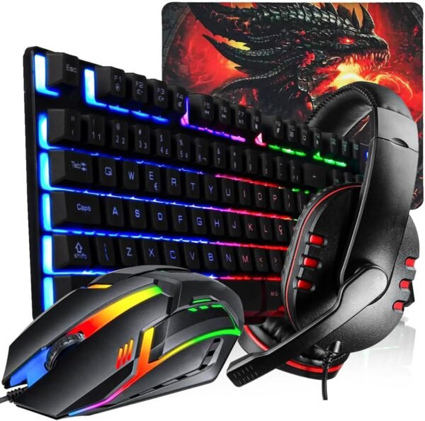 Kit Gamer Teclado semi mecânico rgb + mouse led em 7 núcleos + fone de ouvido com microfona