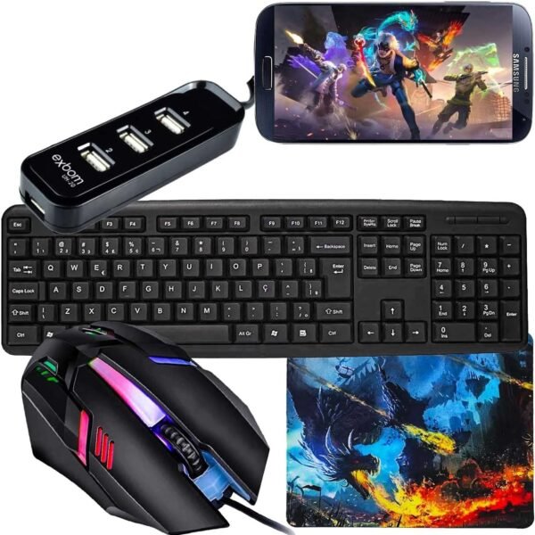 Kit Mobilador Gamer Teclado Preto Abnt2 + Mouse Gamer LED + velocidade da almofada + hub USB 4 Portas (Tipo C)
