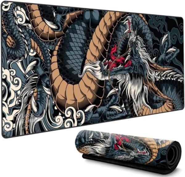 MousePad Gamer Extra Grande 90x40 Velocidade Profissional Antiderrapante Base Emborracha Confortável Macio Borda Costurada Premium - Dragão Azul